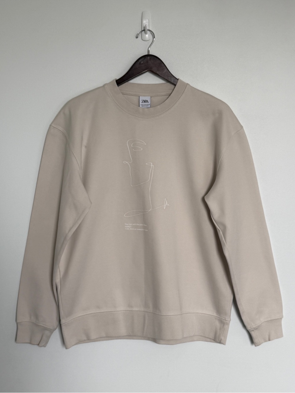Zara Men Sand Beige Crewneck with Minimal Line Art
